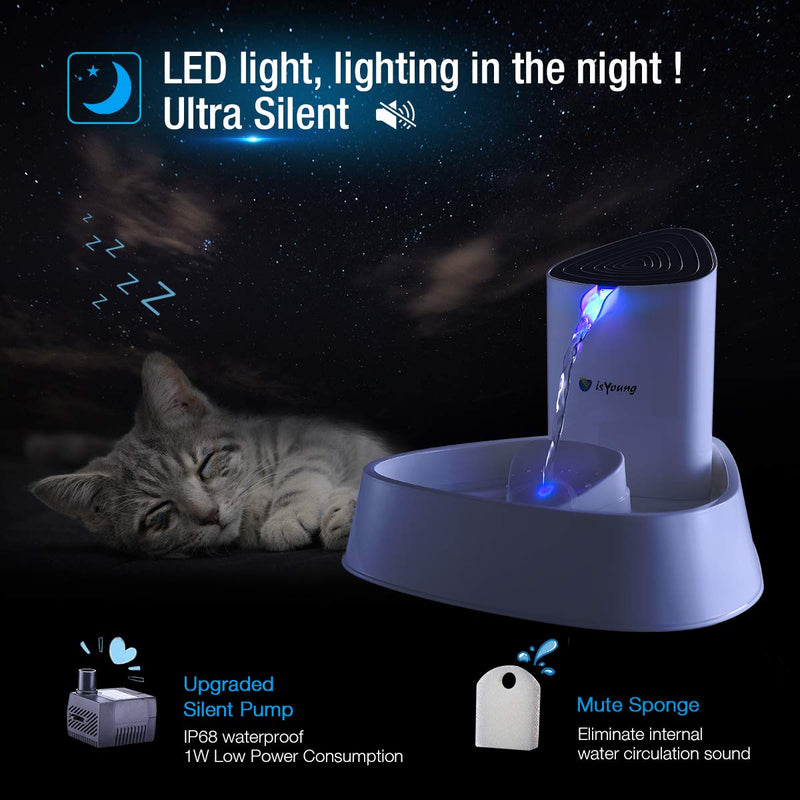 isYoung LED Cat Fountain Automatic Pet Water Drinking Fountain Pet Water Dispenser with Adjustable Water Flow, Activated Carbon Filter, Super Quiet, Great for Cats and Small Dogs White - PawsPlanet Australia