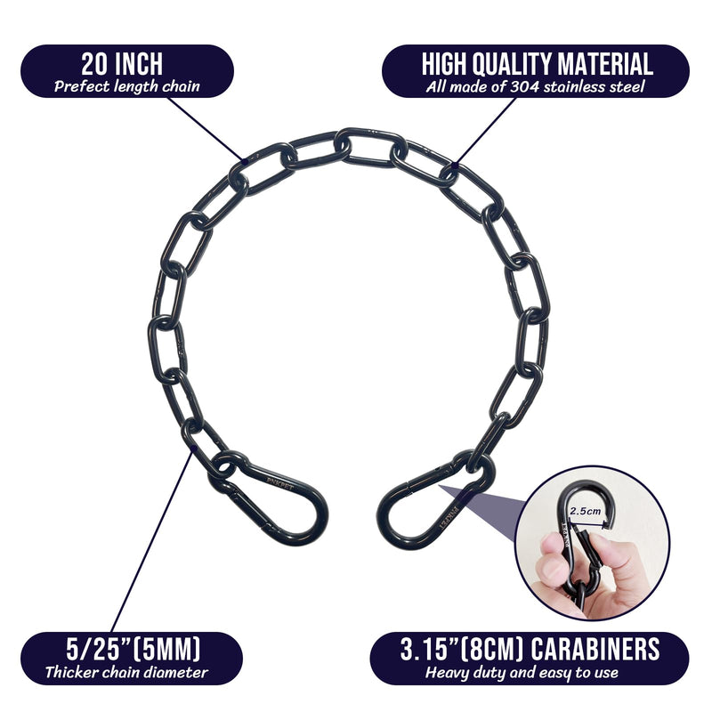 PNKPET 304 Stainless Steel Gate Chain 20" x 5/25" - 550lbs Capacity Chain Lock - Chain Link Gate Latch for Outdoor Fence & Livestock - Safety Hanging Metal Chain with 2 Carabiners - Black (1 Pack) 5mm Black - 1 Pack - PawsPlanet Australia