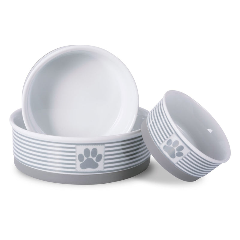 [Australia] - Bone Dry DII Paw Patch & Stripes Ceramic Pet Bowl for Food & Water with Non-Skid Silicone Rim for Dogs and Cats Large Gray 