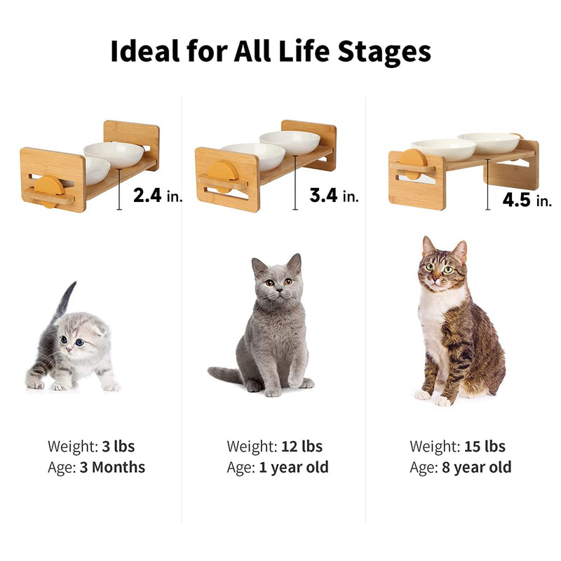 FUKUMARU Elevated Cat Bowl for Cats, Small Dogs, 15° Inclined Elevated Food Bowl, Bamboo Water Stand Bowl Set, Height Adjustable - PawsPlanet Australia