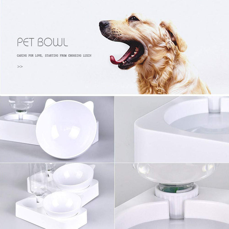 Savlot Double Dog Bowl Double Water and Food Bowl Set Adjustable Pets Automatic Water Dispenser with Food Bowl Pet Feeder Cat Water Bowl Automatic Drinker Pet Cats Oblique Bowl With Holder S White - PawsPlanet Australia