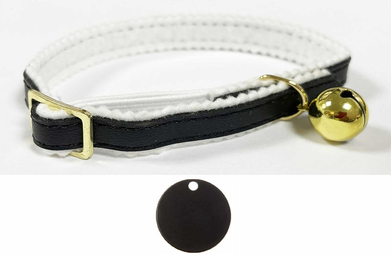 Cat / Kitten Leather Collar with Safety Elastic, Bell with Optional Personalised Tag (Black, 22mm Anodised Tag) Black - PawsPlanet Australia