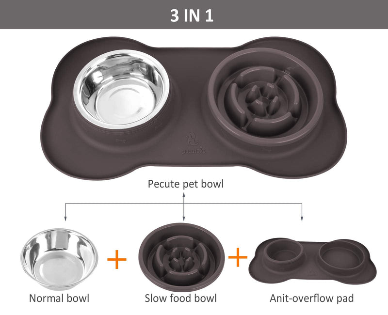 Pecute Dog Bowl Slow Feeder Bloat Stop Pet Bowl Eco-Friendly Non-Toxic No Choking Healthy Design Bowl with No-Spill Non-Skid Silicone Mat Stainless Steel Water Bowl for Dogs Cats and Pets M-13.5oz/bowl Brown Bowl - PawsPlanet Australia