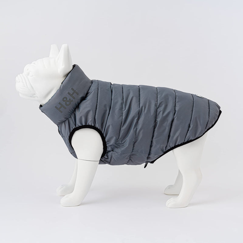 HUGO & HUDSON Dog Puffer Jacket - Clothing & Accessories for Dogs Reversible Water Resistant Dog Coat with Collar Attachment Hole - Black & Grey, XS25 - PawsPlanet Australia
