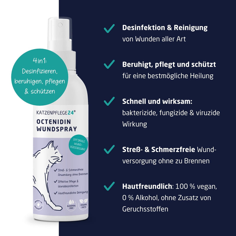 CATZENPFLEGE24 Octenidine wound spray for cats - disinfects, soothes, cares for and protects wounds of all kinds without burning - 125ml with proven active ingredients - effective care and wound disinfection for cats - PawsPlanet Australia