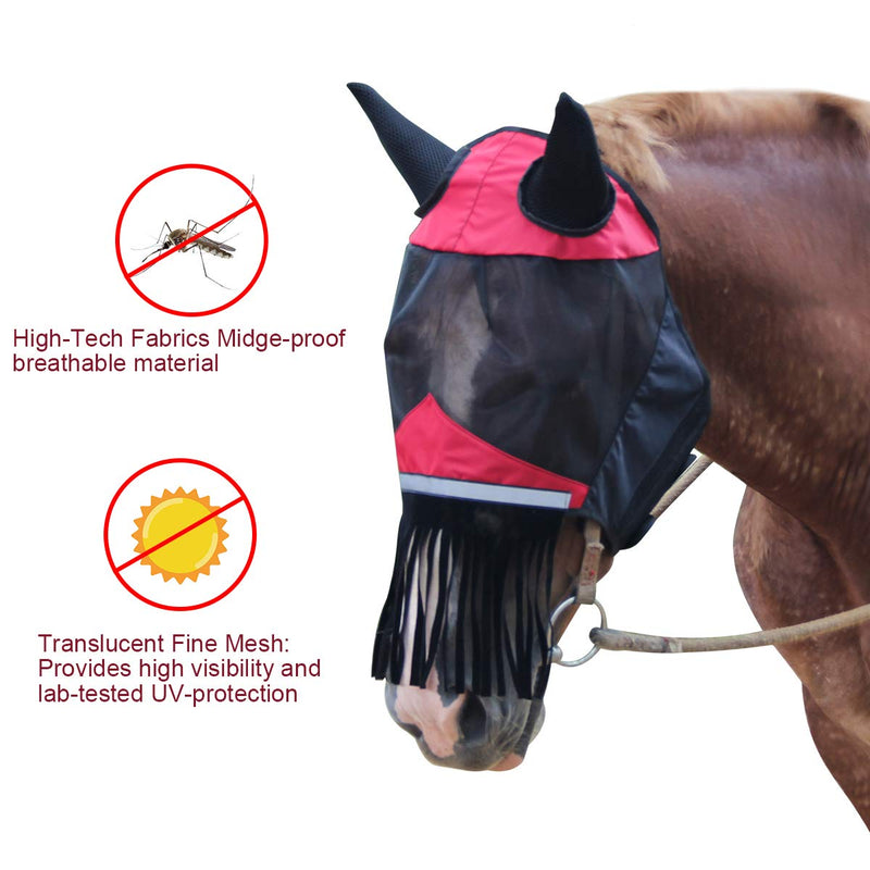 Luxiv Horse Fly Mask with Ears, Fly Mask with Nose Fringe for Horse Breathable Mesh Horse Fly Mask with Ears and Nose Fringe Red and Black - PawsPlanet Australia