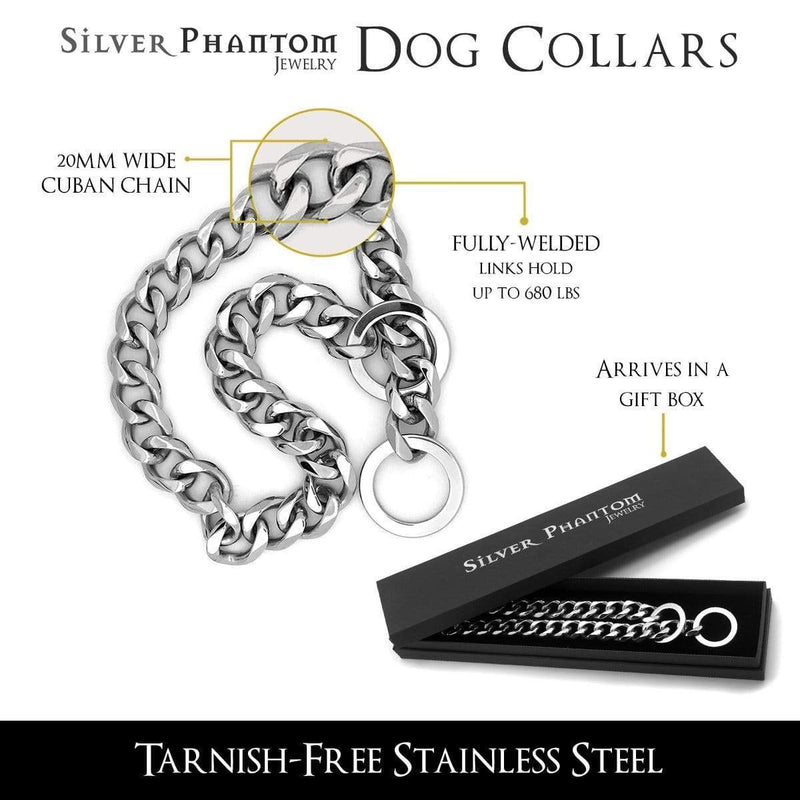 Silver Phantom Jewelry Designer Pitbull Dog Collar, 20mm Wide, 680 lbs, 24 Inch - Silver - PawsPlanet Australia