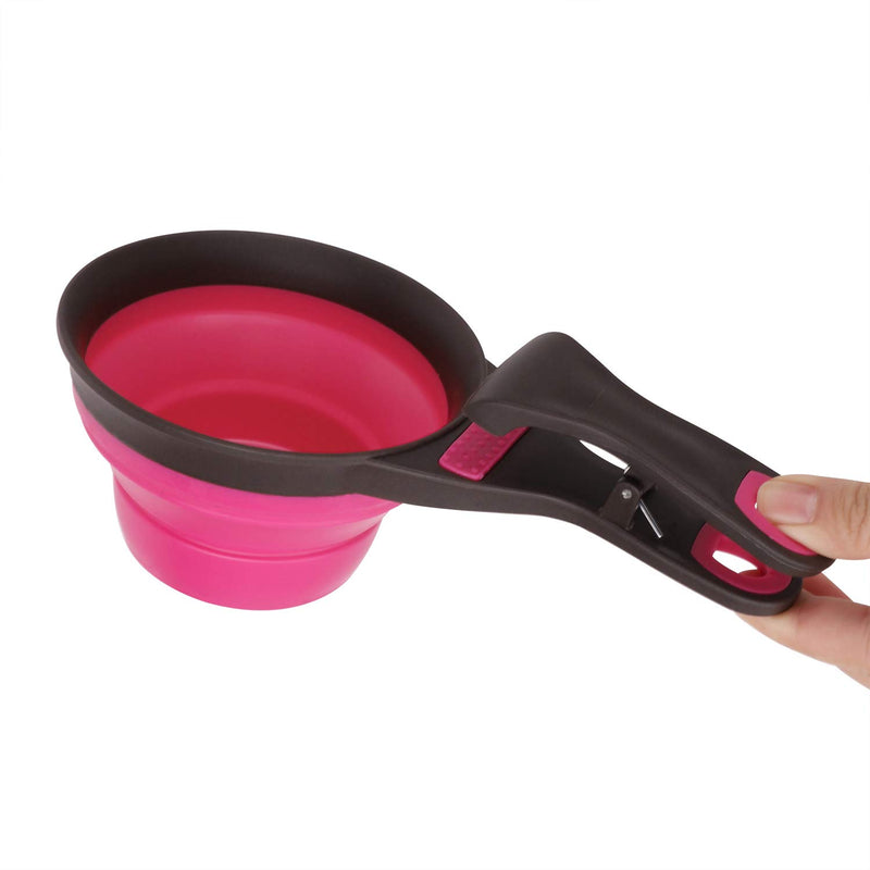 [Australia] - Multi-Function Collapsible Pet Scoop for Dog Cat Food Water Bowls Foldable Bag Clip for Pets Collapsible Measuring Cups and Measuring Spoons - Portable Food Grade Silicone for Liquid and Dry Measuring Pink 