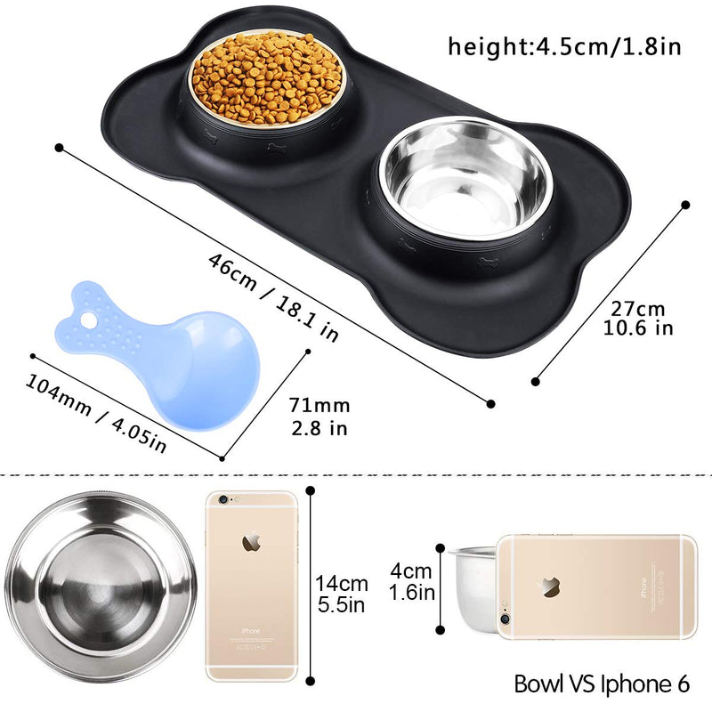 Double Dog Bowls- Stainless Steel 2 x 350ml Puppy Water and Food Bowl with Non-skid Anti-overflow Silicon Tray Mat for Puppy Dogs, With Pet Food Shovel Black S(2 x 350 ml) - PawsPlanet Australia