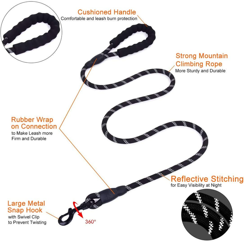 U-picks Rope Dog Lead with Soft Padded Handle and High Reflective Threads, 5FT Durable Rope Twist Lead in Strong Pulling Support Dogs Black - PawsPlanet Australia