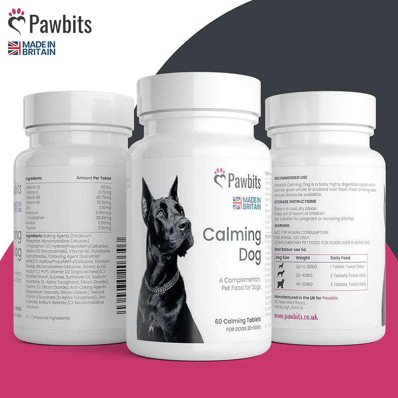 Pawbits Calming Tablets Supplement for Anxious & Hyperactive Dogs Calms Relaxes & Non-Sedative Dog Calming Tablets Fireworks, Behavioural Issues, Travel & Vet Visits Natural Calm Aid (60 Tablets) 60 Count (Pack of 1) - PawsPlanet Australia