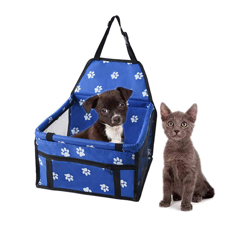 [Australia] - BAOZOON Dog Car Seat, Breathable Waterproof Pet Dog Car Travel Carrier Bag Seat Protector Cover with Safety Leash for Small Puppy Dogs Cats Blue with paw prints 