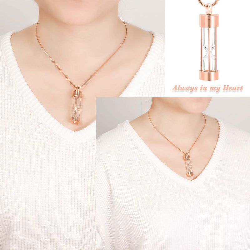 [Australia] - LYFML Cylinder Hourglass Cremation Jewelry Urn Necklace for Ashes for Pet for Human, Memorial Pendant Made of Titanium Steel, Come with Filling Kit Support for Customization Rose gold 