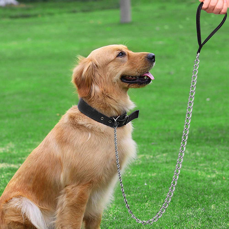 Dog Chain Leash, Heavy Duty Anti Chew Metal Basic Pet Leads with Padded Nylon Handle for Large Size Dog 1.2m Length, with Free Dog Collar (Size L, Leash + collar) L(Leash + collar) - PawsPlanet Australia