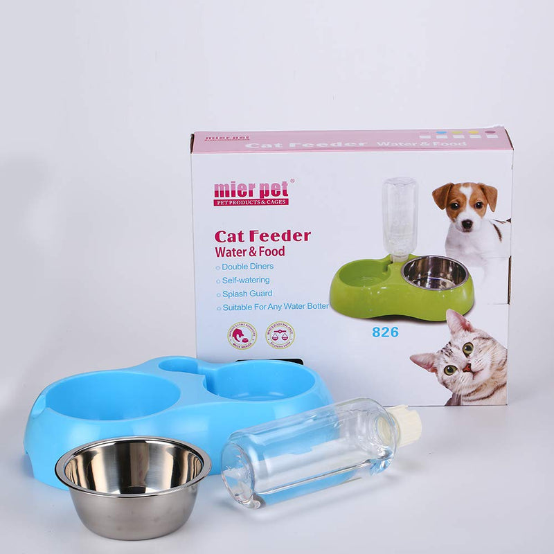 [Australia] - THEMART Double Dog Cat Bowls Premium Stainless Steel Pet Bowls No-Spill Resin Station, Pet Food Water Feeder with Automatic Water Bottle Small blue 