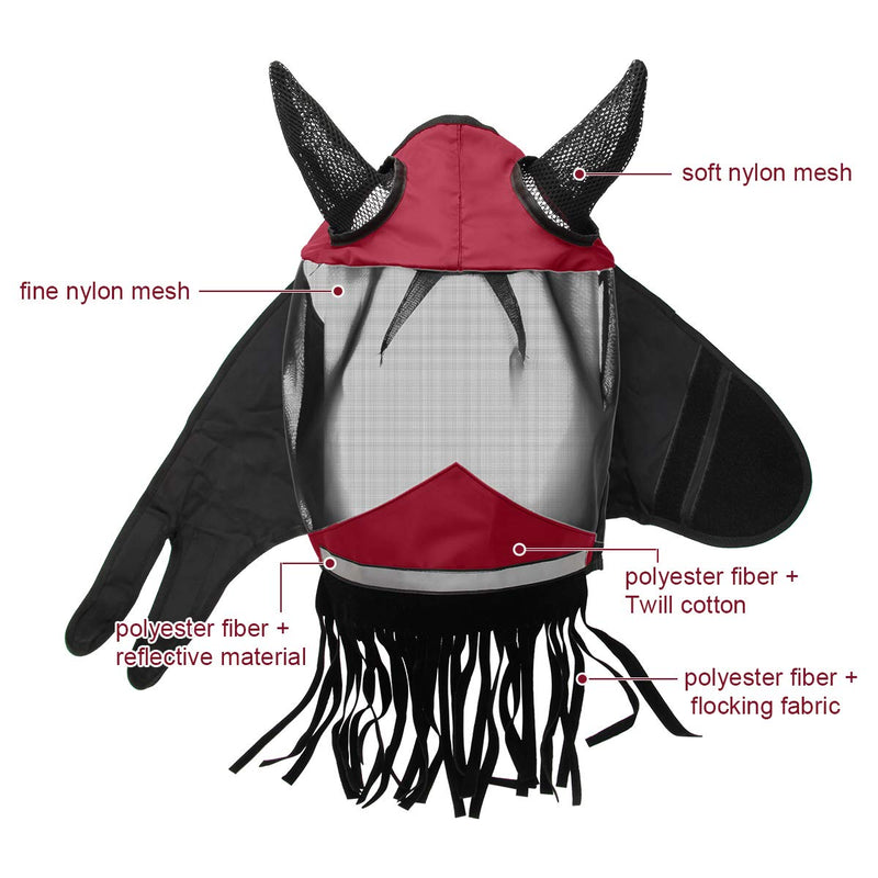 Luxiv Horse Fly Mask with Ears, Fly Mask with Nose Fringe for Horse Breathable Mesh Horse Fly Mask with Ears and Nose Fringe Red and Black - PawsPlanet Australia