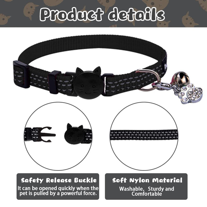 BINGPET Safety Nylon Reflective Cat Collar Breakaway Adjustable Cats Collars with Bell and Bling Paw Charm Black - PawsPlanet Australia