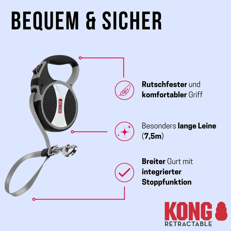 KONG roll-out dog leash in 7.5m length I For large dogs up to 50kg I Size LI High-quality retractable leash with Break & Lock system in gray I Comfortable leash with soft grip & reflective strap Gray Large - PawsPlanet Australia