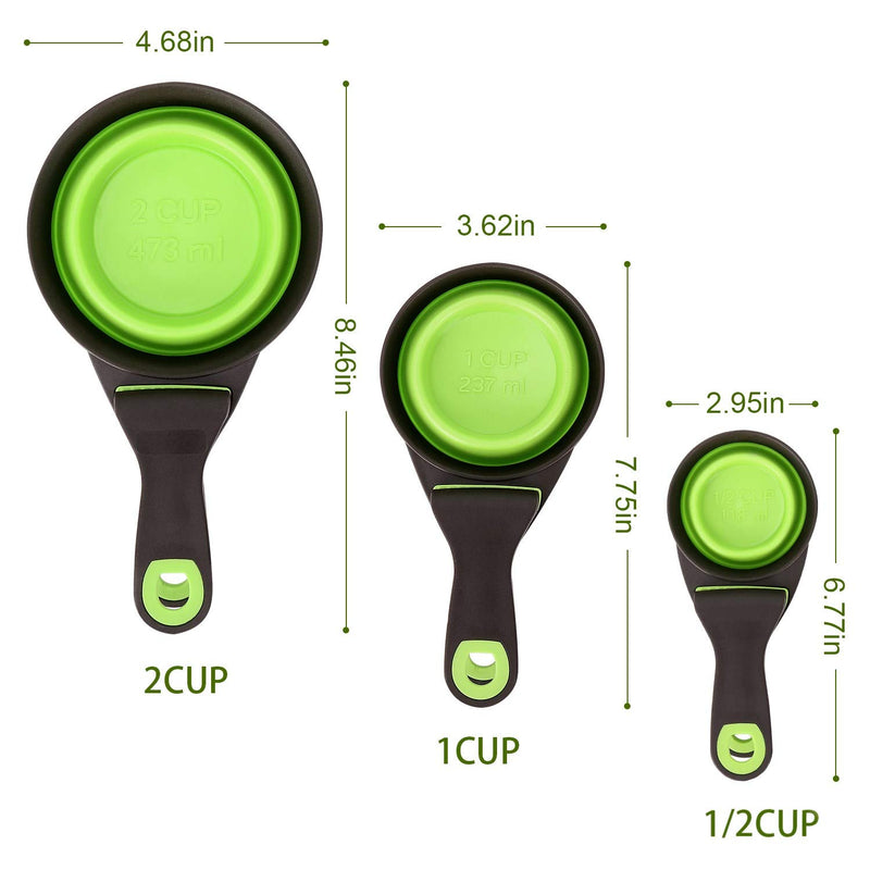 DHAWS Silicone Measuring Cups for Pet Dog and Cat,3 in 1 Collapsible Sealing Clip for Storage Bag,Pet food Spoon 1/2 Cup/1 Cup/2 Cup Capacity (118ml/237ml/473ml) (Green, 1/2Cup (118 ml)) Green 1/2Cup (118 ml) - PawsPlanet Australia