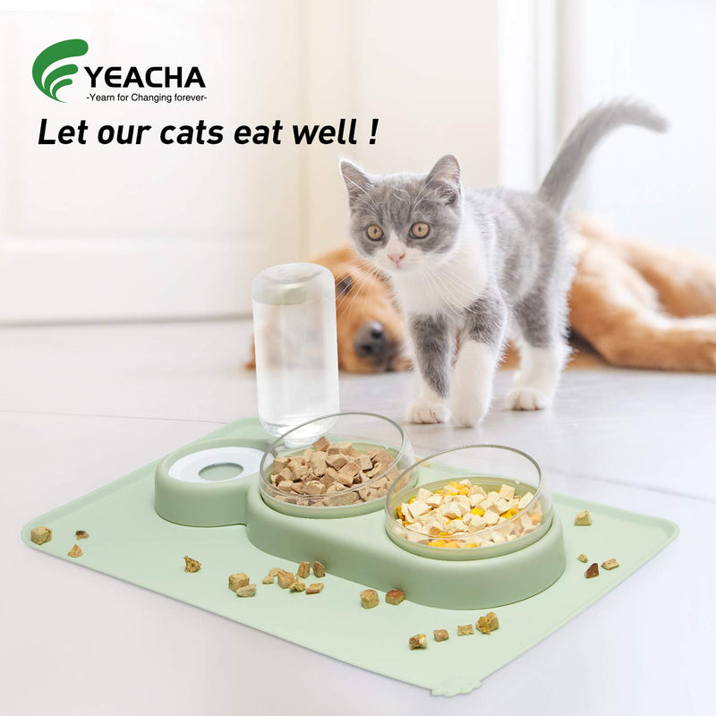 YEACHA Raised Cat Bowls, Tilt Cat Dog Food Water Elevated Bowls Set with Automatic Water Bottle, with Silicon Waterproof Mat, for Cats Small Dogs, Light Green - PawsPlanet Australia