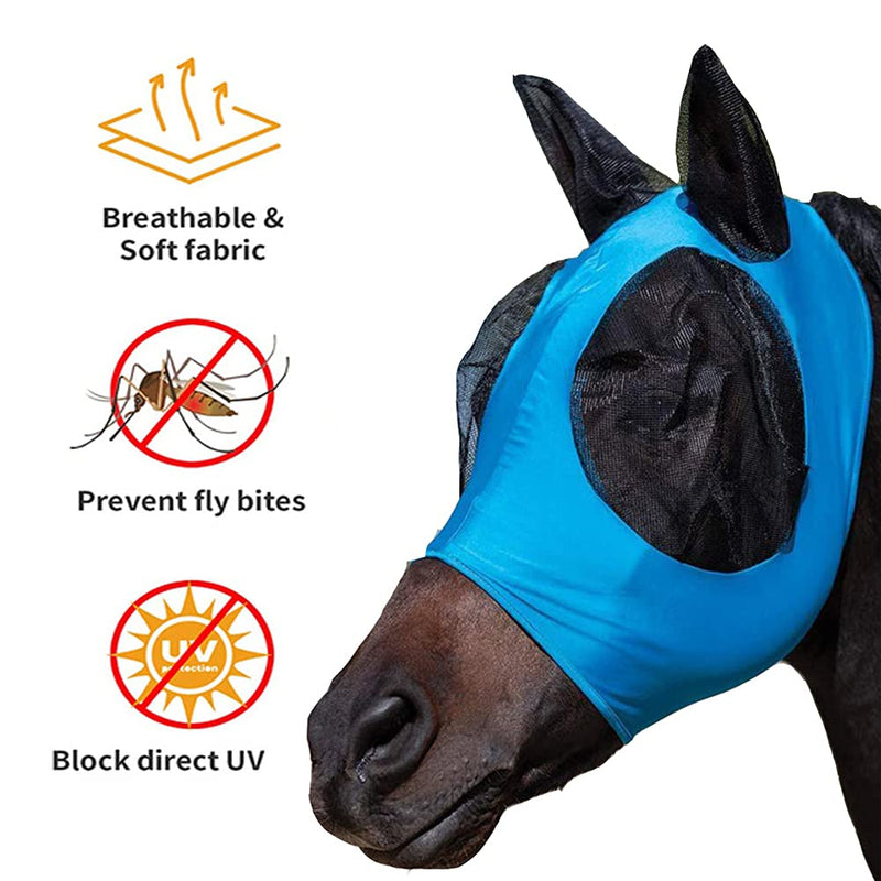 TeTupGa Horse Fly Mask With Ear Anti-Mosquito Anti Fly Soft Mesh Smooth & Elasticity Equine Cover Anti-UV Pony Face Protection (Blue) Blue - PawsPlanet Australia