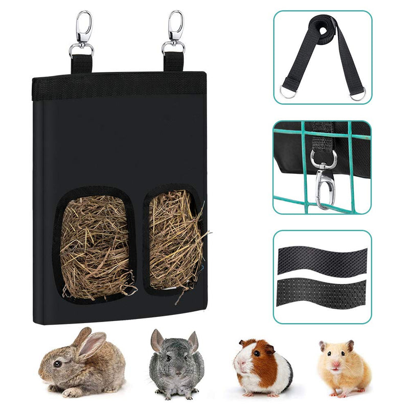 SlowTon Rabbit Hay Feeder Bag, Double-Layer Large Hamster Guinea Pig Chinchilla Hay Feeder Storage with Shoulder Strap, Rabbit Food Bag, Small Pet Feeding Storage Bag For Small Animals Eating Hay 2 Openings Black - PawsPlanet Australia