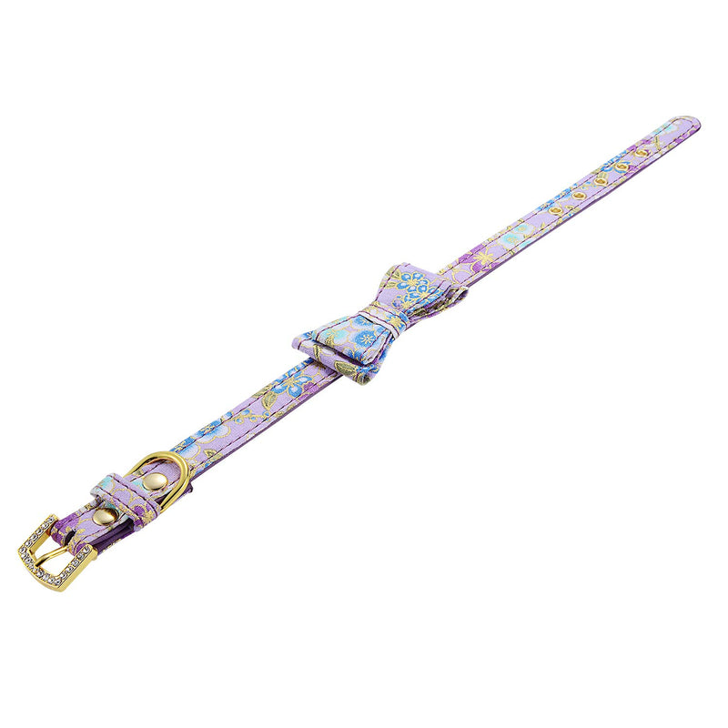 LOVPE Gold Flash Diamond Buckle Pet Canvas Floral Pattern Printed Padded Adjustable Puppy/Kitten Artistic Collar Handmade Elegant Bow Tie for Small Dogs/Cats (XS (Neck for 8-11 inch), Purple) XS (Neck for 8-11 inch) - PawsPlanet Australia