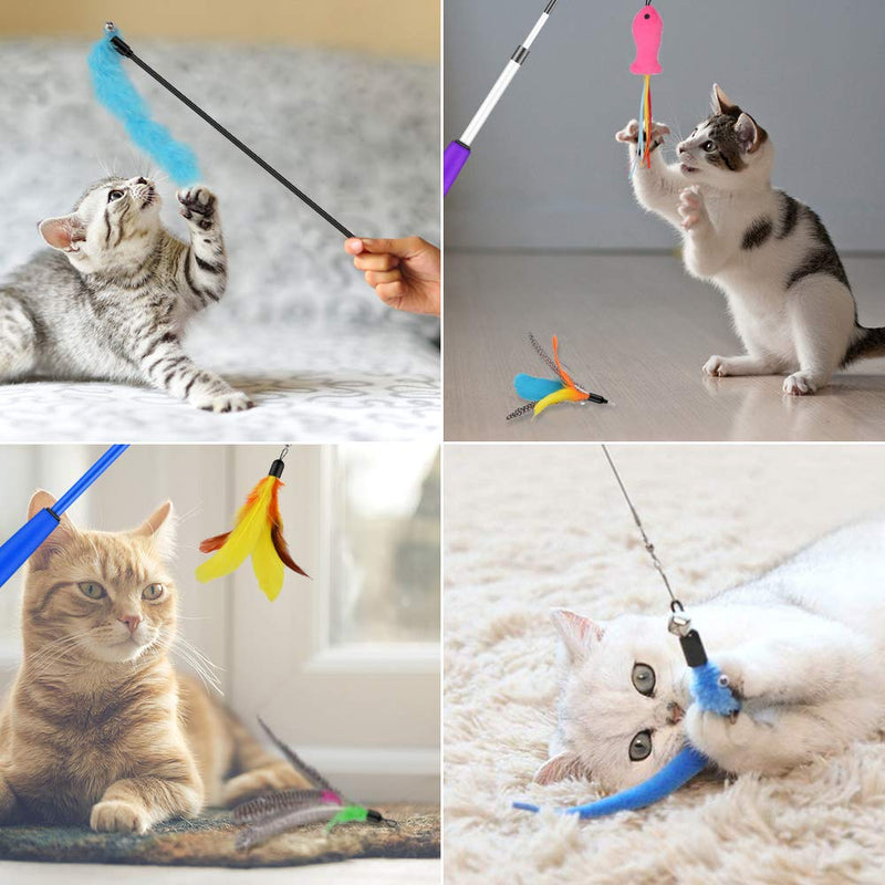 [Australia] - Oziral Cat Teaser, 15PCS Retractable Cat Toy Feather Teaser Cat Toy Cat Wand Feather Interactive Toys with Bells and Feather Refills Set for Indoor Cat and Kitten Exercise 