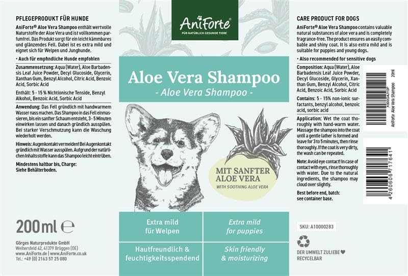 AniForte Aloe Vera puppy shampoo for dogs 200ml - dog shampoo mild & fragrance-free, puppy shampoo for young dogs & sensitive dogs, for shiny & easy-to-comb fur - PawsPlanet Australia