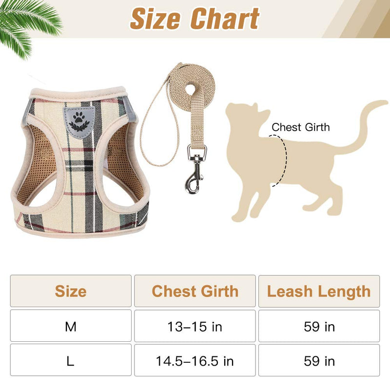 PUPTECK Escape Proof Cat Harness and Leash Set for Medium and Large Kitten Kitties with Classic Plaid Pattern, Breathable and Soft for Outdoor Walking Adjustable Chest Strap, Beige M: Chest: 13-15" - PawsPlanet Australia