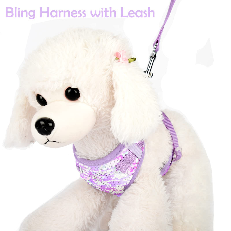 Dog Harness for Small Dogs Bling Dog Harness with Leash, Purple Adjustable Soft Padded Dog Vest, Adjustable No-Pull Pet Puppy Harness (Small) Small(Chest:11-17") Purple (Bling+Leash) - PawsPlanet Australia