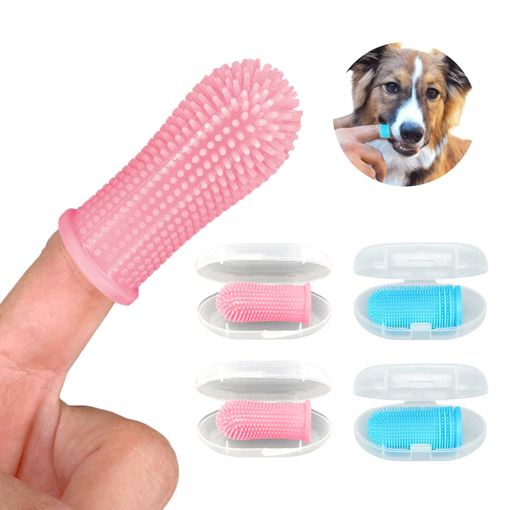 Pack of 4 Finger Toothbrush Dog Silicone Dog Toothbrush Food Grade Silicone 360° Fully Wrapped Cleaning Bristles for Cats Dogs Dental Care Anti-Plaque Toothbrush Dog (Blue, Pink) - PawsPlanet Australia