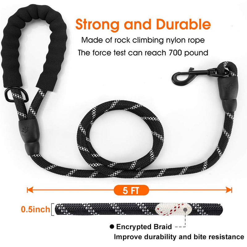 JBYAMUK 5 FT Strong Dog Lead with Comfortable Padded Handle and Highly Reflective Threads for Small, Medium and Large Dogs (5-FT, Black) 5-FT - PawsPlanet Australia