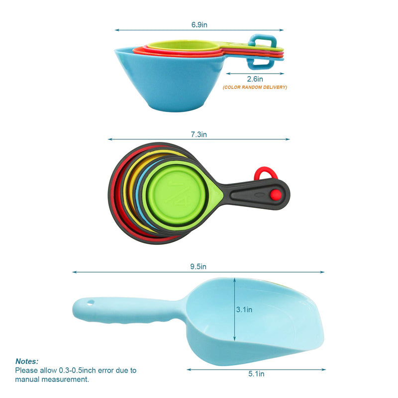 [Australia] - Roundler Pet Food Scoop Set, 4 Sizes Plastic Measuring Cups & 4 Sizes Collapsible Silicone Pet Measuring Scoops for Dog Cat Bird Guinea Pig Ferret and Other Small Animals Dry Food Water Random 