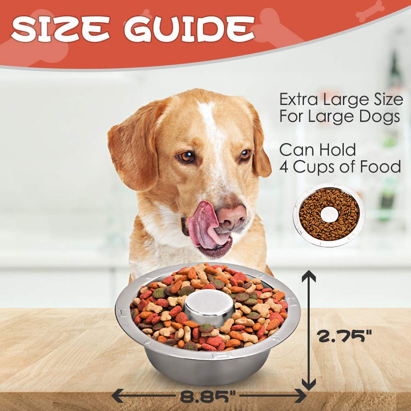 BINGPET Stainless Steel Slow Feed Dog Bowl - 4 Cup Extra Large Pet Slow Feeder, 2 Standard Metal Bowls Fit Elevated Feeders, Eating Bowl, Stops Dog Food Gulping, Dog Food and Water Bowl - PawsPlanet Australia