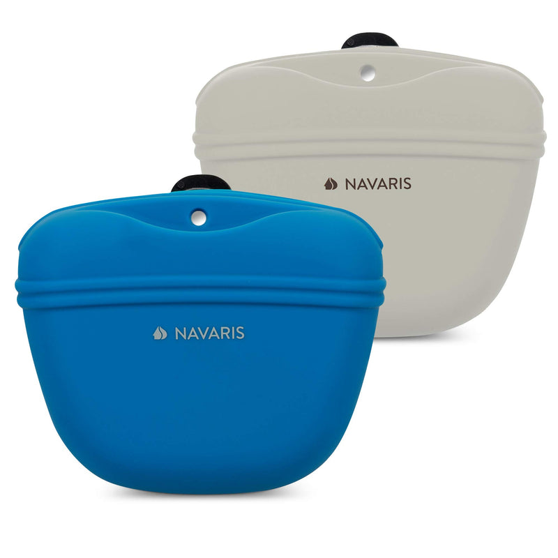 Navaris Silicone Dog Treat Pouch - Training Pet Puppy Bag Pocket Snack Treat Food Holder with Clip for Belt for Dog Walks - Set of 2 Grey & dark blue - PawsPlanet Australia