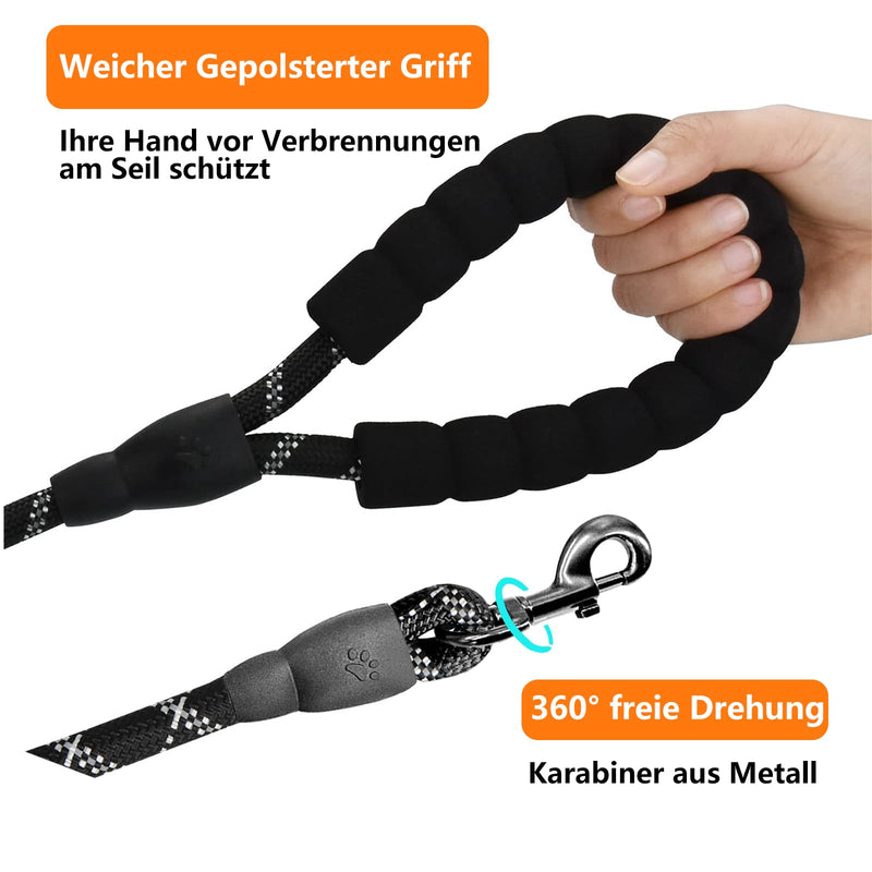 2M towing leash for dogs, strong dog leash with padded handle, reflective nylon rope, lockable hook, training leash running leash for large and medium-sized dogs (black) black - PawsPlanet Australia