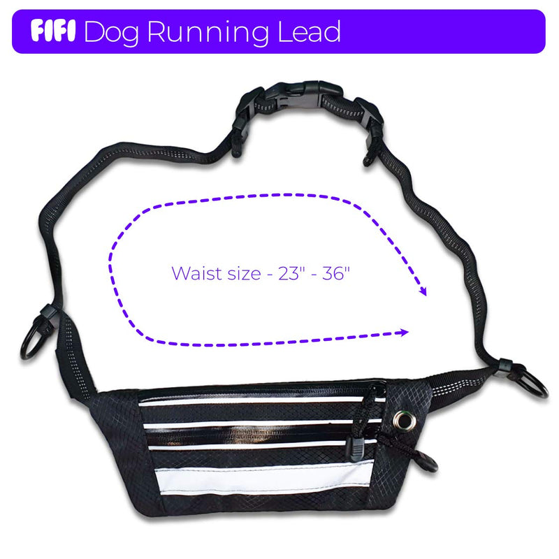 FiFi dog running lead hands-free leash with water bottle pouch and bungee cord black silver grey reflective stitching for waist waterproof - run easily with your best friend - PawsPlanet Australia