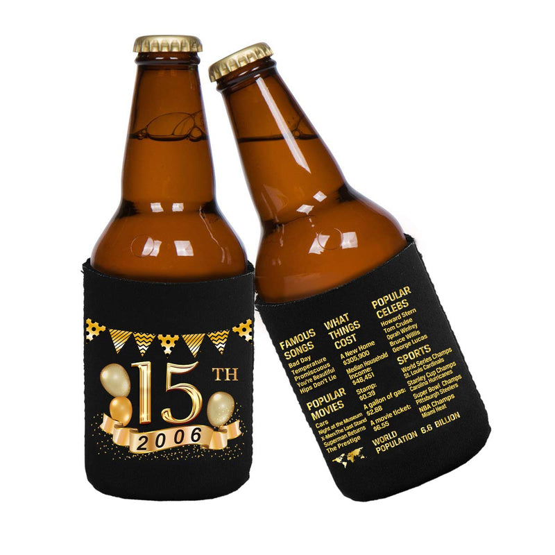 Yangmics 15th Birthday Can Cooler Sleeves Pack of 12-15th Anniversary Decorations- 2006 Sign - 15th Birthday Party Supplies - Black and Gold the fifteenth Birthday Cup Coolers - PawsPlanet Australia