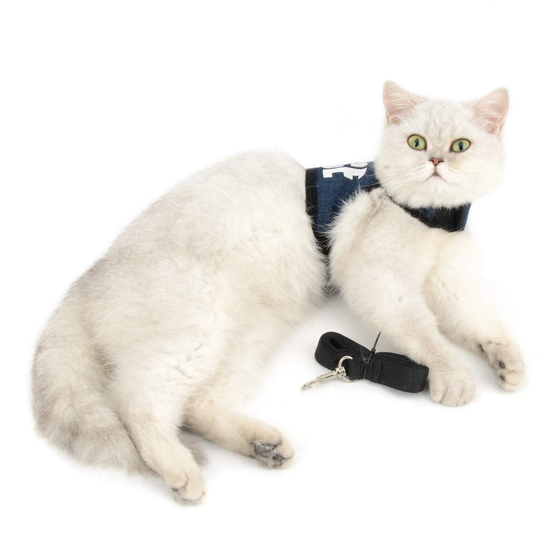 [Australia] - SMALLLEE_LUCKY_STORE Police Print Soft Mesh Denim Cat Harness and Leash Set for Walking Escape Proof Adjustable No Pull Choke Boy Small Puppies Kitten Rabbit Dog Harness Vest, Dark Blue S 