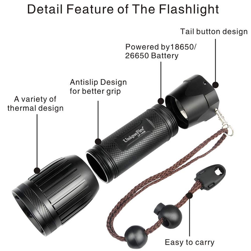 UniqueFire 1408 Blacklight Flashlight,Powerful 3 LEDs 365NM, 1 Mode,Detector for Detecting Counterfeit Money, Jade, Pet Urine, Oil Leak Detection (1408 365NM Flashight) -18650 Battery NOT Included - PawsPlanet Australia