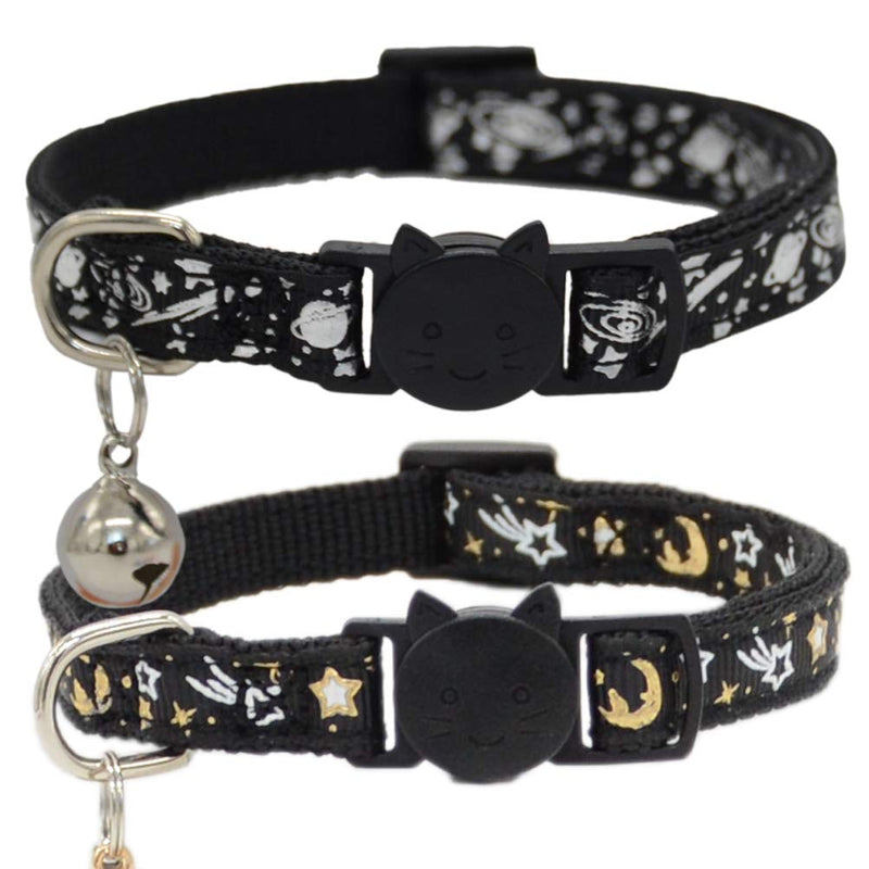 2PCS Breakaway Cat Collars with Bell Galaxy Moon Star Pattern Adjustable Safety Puppy Collar Black & Black Galaxy & Moon Star - PawsPlanet Australia