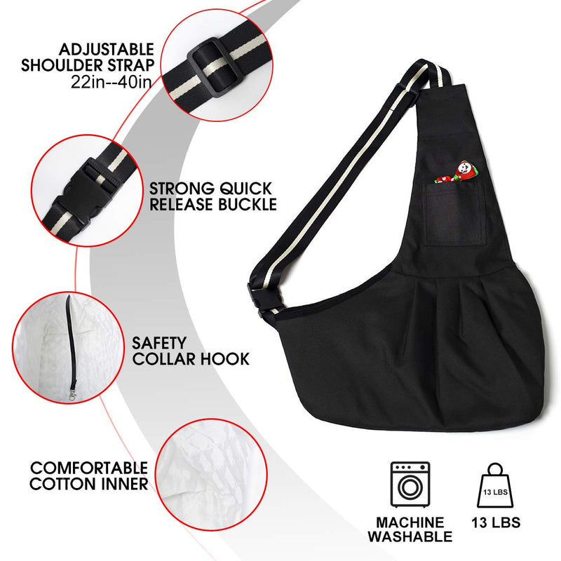 ZolooPet Sling Carrier, Small Dog & Cat Travel Shoulder Bag with Adjustable Strap, Large Size Pet Sling Carrier Up to 13 Lbs, Hands Free, Machine Washable, with a Free Christmas Bow Tie Black - PawsPlanet Australia