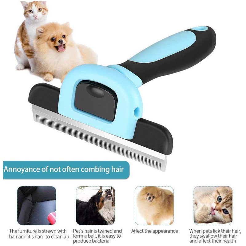 WENTS Pet Grooming Brush Deshedding Tool, Effectively Reduces Shedding, Non Slip Silicone Handle, Quick Release Comb, Safe Long or Short Pet Hair Removal, Gentle on Dogs, Cats (Blue) - PawsPlanet Australia