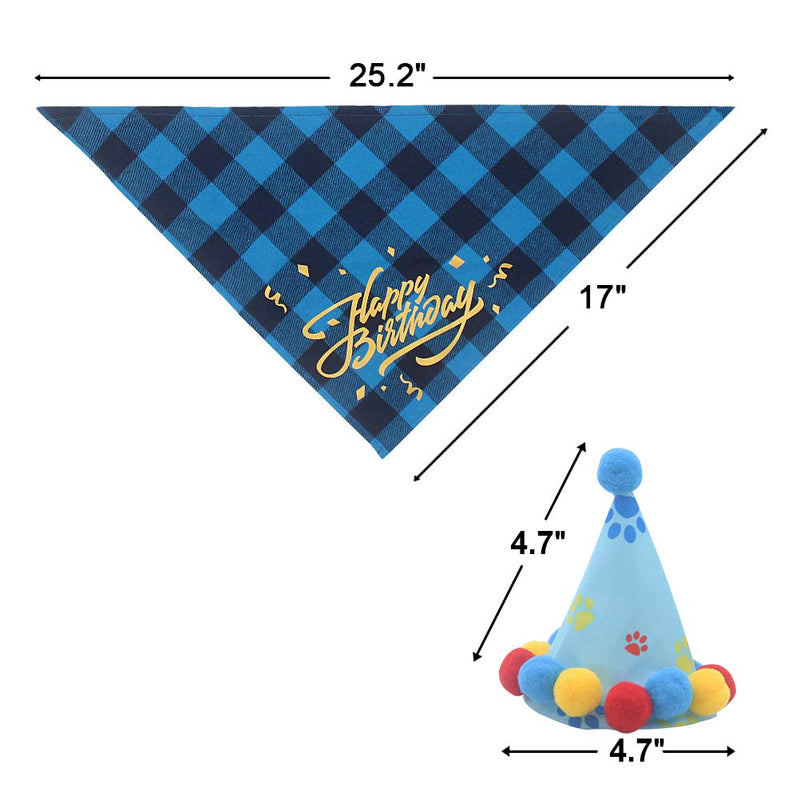 [Australia] - PUPTECK Dog Birthday Plaid Bandana with Cute Party Hat - Fashion Pet Birthday Outfit Accessories Party Supplies for Doggies Cats, Blue 