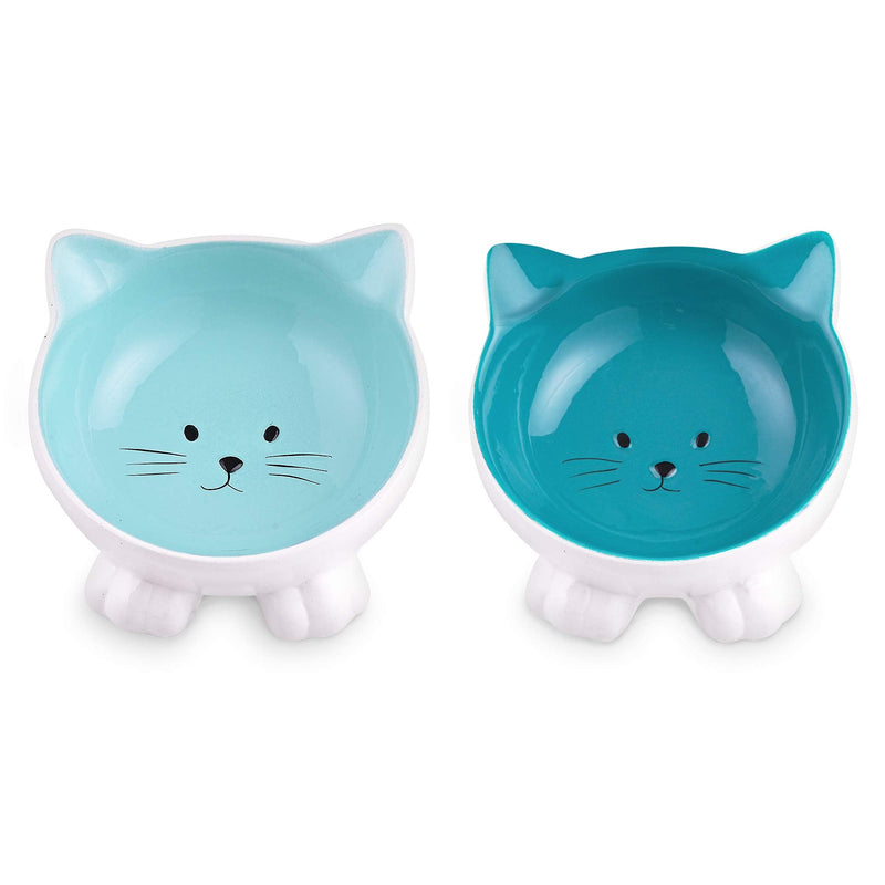 Navaris Cat Bowls with Ears - 2 Pack of Ceramic Cat Feeding Dishes with Anti Slip Silicone Feet - Blue Cat Shaped Food and Water Bowls Set - PawsPlanet Australia
