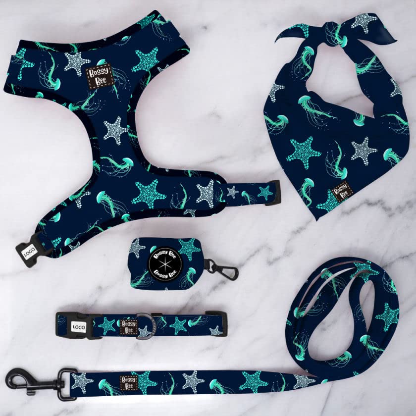 Bossy Bee | 5 Piece Dog Harness Set (Jellyfish & Sea Star, Large) | Matching Leash, Harness, Collar, Bandana & Dog Waste Bag Holder | Poop Bags Included | Ocean Beach Theme Cute Set - PawsPlanet Australia