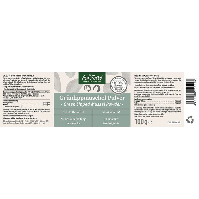 AniForte Green Lipped Mussel for Dogs and Cats 100g Powder - 100% Natural Joint Supplement with Glucosamine, Lipids, Omega-3 Fatty Acids, Minerals and Amino Acids - PawsPlanet Australia