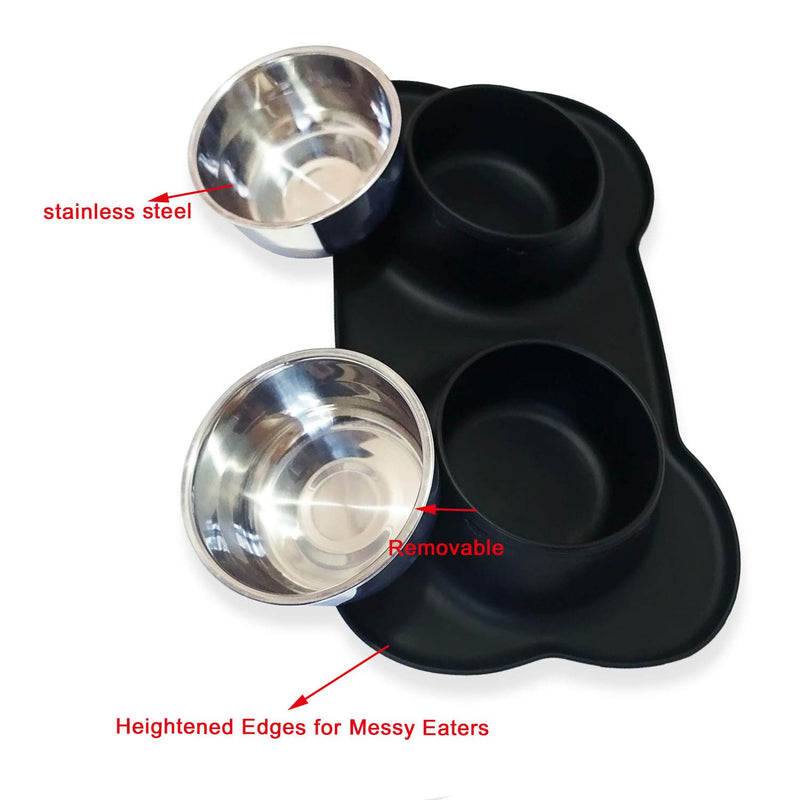 [Australia] - Petek Double Dog Cat Feeder Bowls Stainless Steel Food and Water Bowls with No Spill Non-Skid Silicone Mat, Double Pet Bowls (27oz Each) Set for Dogs Cats, Black 