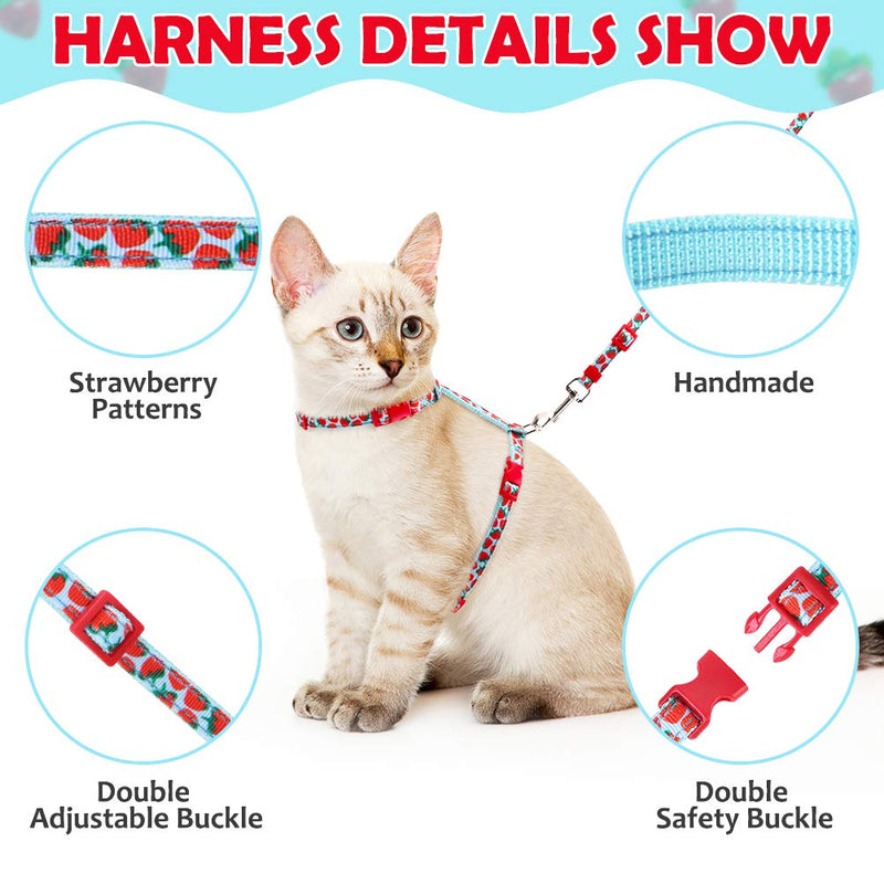 PAWCHIE Cat Harness with Leash and Collar Set - Escape Proof Adjustable H-shped Cat Vest, Soft Comfortable Strap for Cats Outdoor Walking Blue (Strawberry) - PawsPlanet Australia